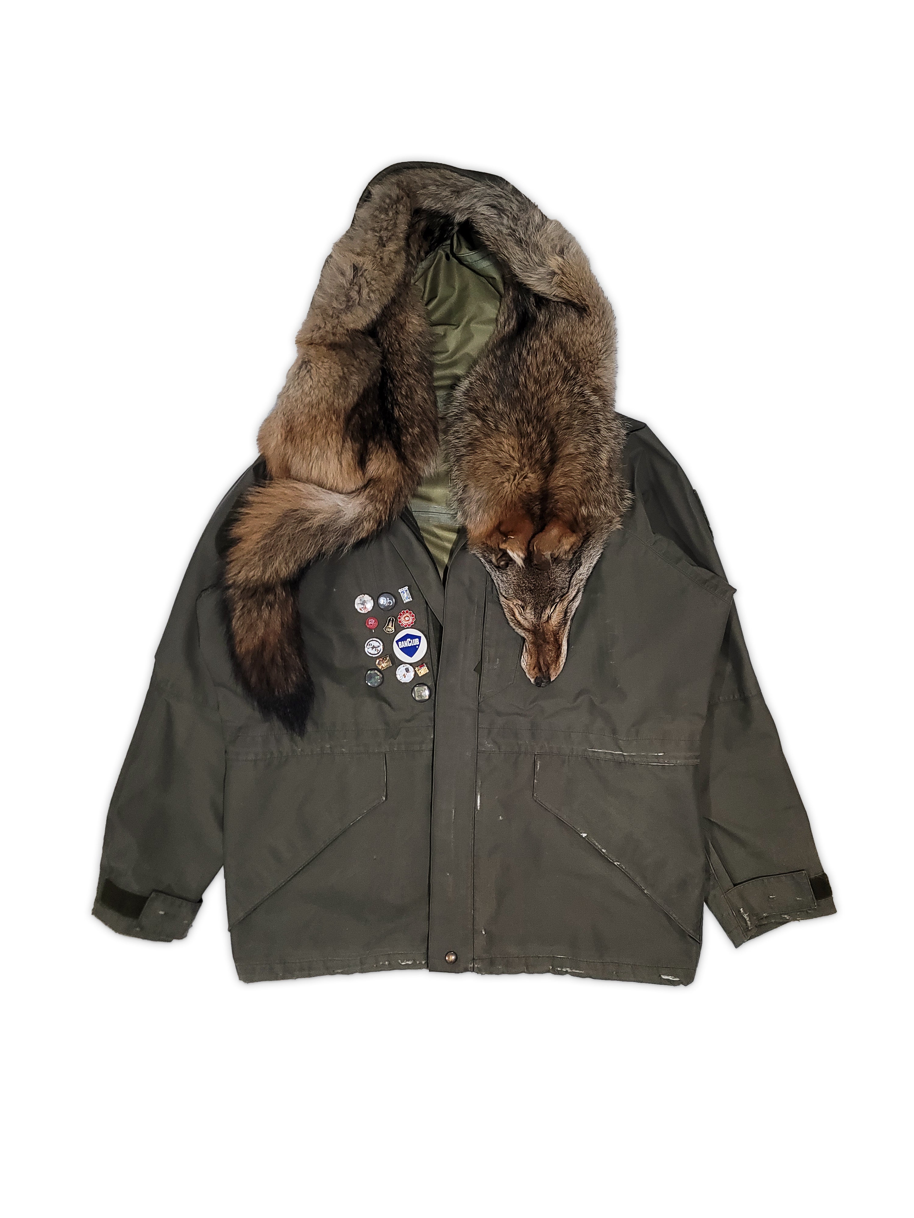 Green jacket with fur-lined hood on a white background
